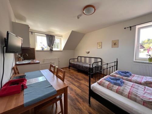 České Žleby狭谷农场宾馆的客厅配有两张床、一张桌子和一张床