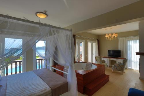 达特恰达特恰多丽丝酒店的一间卧室配有一张床、一个浴缸和一台电视。