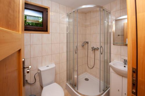 斯图托沃Domki, pokoje u Małgosi的带淋浴、卫生间和盥洗盆的浴室