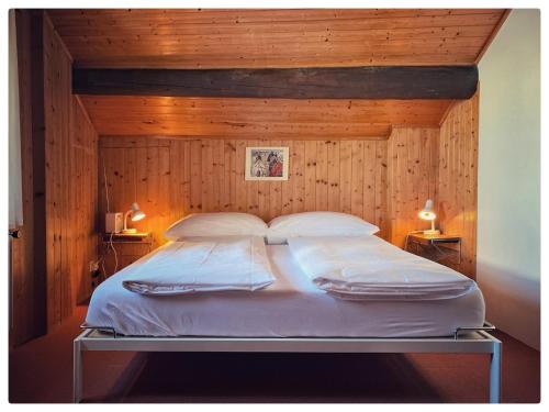 Lumbrein阿里皮纳尔酒店的木制客房内的一张大床,配有两个枕头