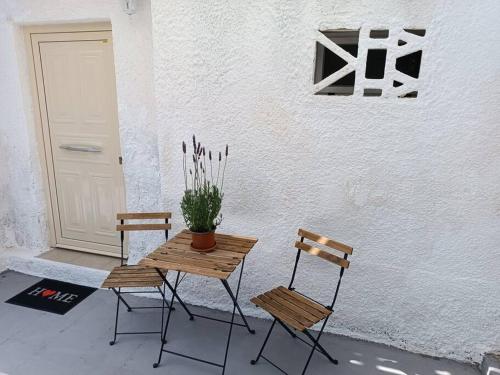 萨拉米斯Studio 'Katerina by the Sea'的两把椅子和一张桌子,旁边是盆栽植物