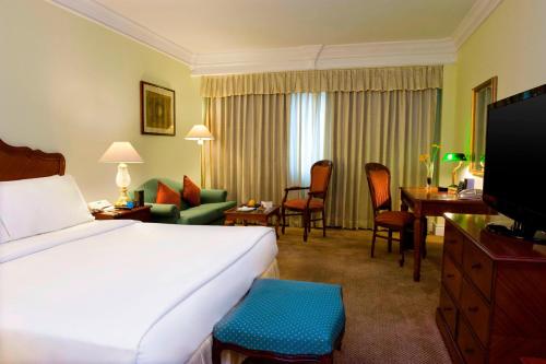 钦奈世茂皇家艾美钦奈酒店的酒店客房设有床和客厅。