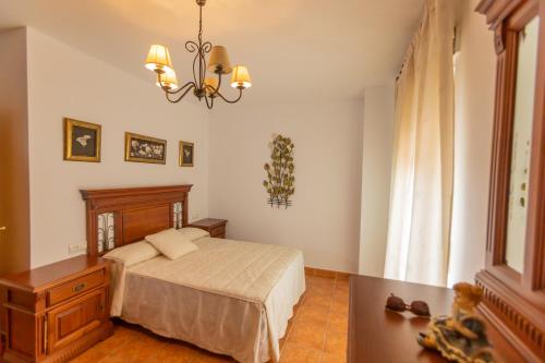 阿罗约弗里奥La Alondra的一间卧室配有一张床和一个吊灯
