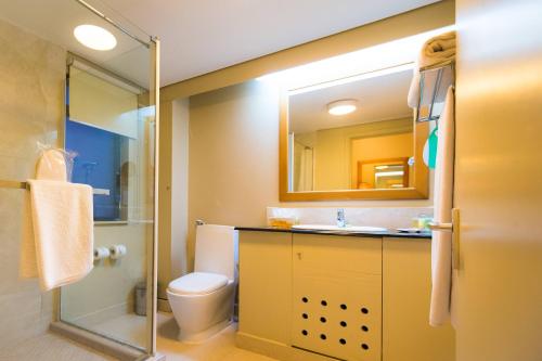 达累斯萨拉姆牡蛎湾普罗蒂酒店的浴室配有卫生间、盥洗盆和淋浴。