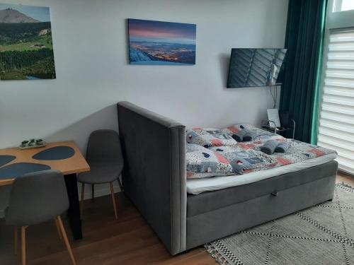 弗罗茨瓦夫Aparta Lotnisko的卧室配有1张床、1张桌子和1张桌子以及椅子。