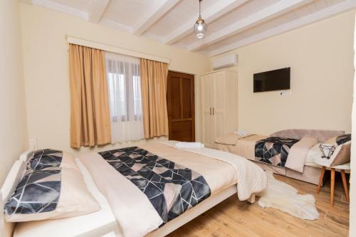 尼克希奇Ostroške grede的一间卧室配有两张床和一台平面电视
