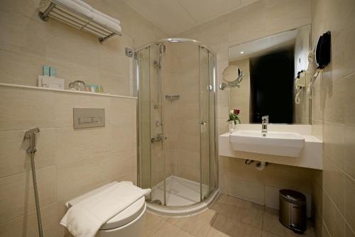 拉斯阿尔卡麦Action Hotel Ras Al Khaimah的带淋浴、卫生间和盥洗盆的浴室