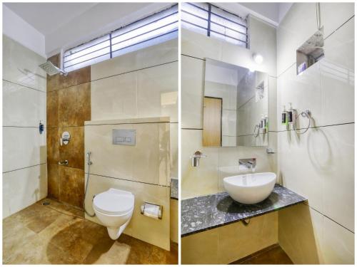印多尔SoonStay Konark的浴室的两张照片,配有卫生间和水槽