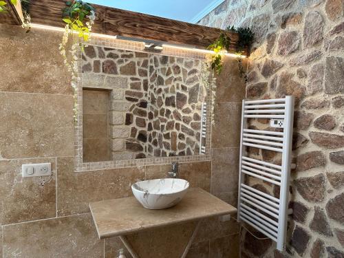 戛纳Villa Jasmine - Cannes的一间带水槽和石墙的浴室