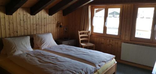 上盖斯特尔恩B&B Pension Lärch的一间卧室设有一张床和两个窗户。