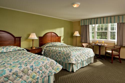韦尔弗利特维尔弗里特汽车旅馆的酒店客房设有两张床和一张桌子。