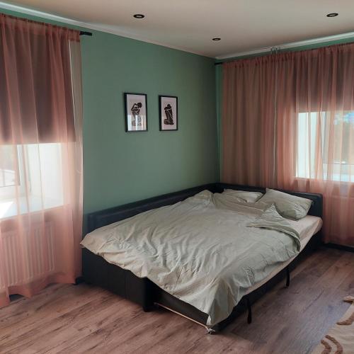 TapaTT majutus的卧室内的一张床位,卧室拥有绿色的墙壁和窗户