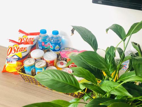 谅山LONG VŨ HOTEL的桌上装满饮料的篮子,还有植物