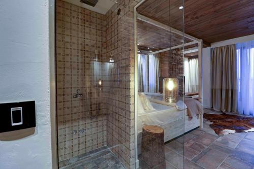 SurdulicaVlasinsko jezero VILA BEST的带淋浴、床和镜子的浴室