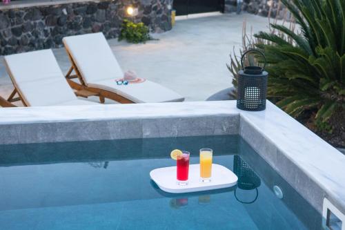 Éxo GoniáKarpimo Vineyard Villa with Heated Pool的游泳池托盘上的两杯饮料