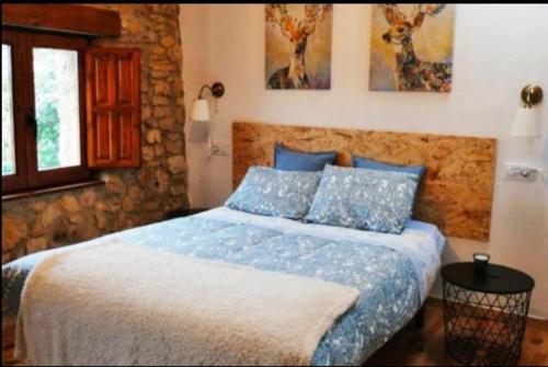奥维多Sagasta Rural - Oviedo的一间卧室配有一张带蓝色枕头的大床