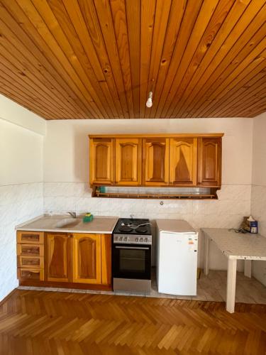 乌尔齐尼Summer Sky的厨房配有木制橱柜和炉灶。