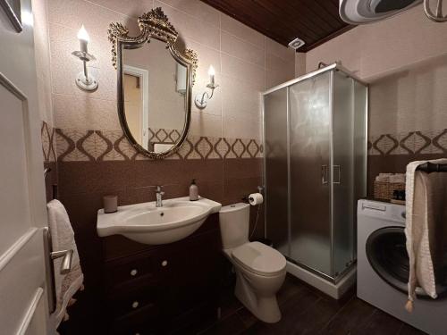 阿吉奥斯伊欧尼斯The Odyssey Holiday Home - Agios Ioannis, Pelion的浴室配有盥洗池、卫生间和镜子。