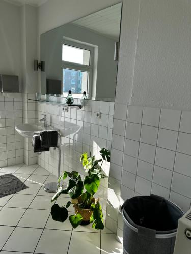 基尔Großzügige 3-Zimmer Altbauwohnung的浴室设有镜子和盆栽植物