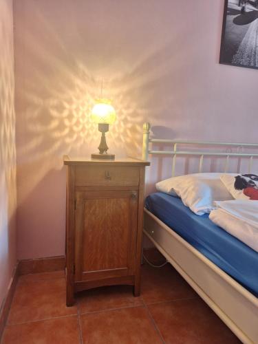 洛克维Apartment Tonica的一间卧室,配有一张带台灯的床头柜
