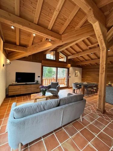 夏蒙尼-勃朗峰Chalet Le petit paradis - Chamonix-Mont-Blanc的带沙发和电视的大型客厅
