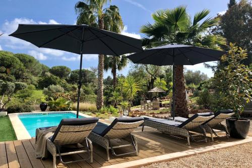 贝纳吉Casa Sereno的一组椅子和遮阳伞,位于游泳池旁
