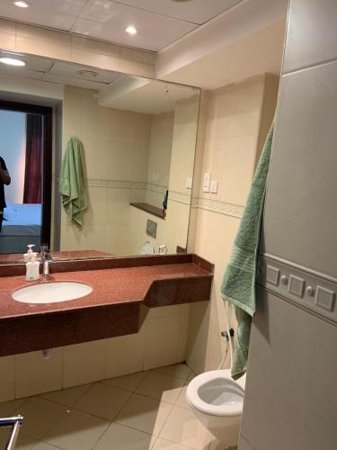 迪拜Sahara private apartment的一间带水槽、卫生间和镜子的浴室