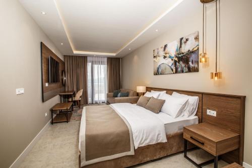 蒂瓦特Montenegro Lodge的一间卧室配有一张大床和一张沙发