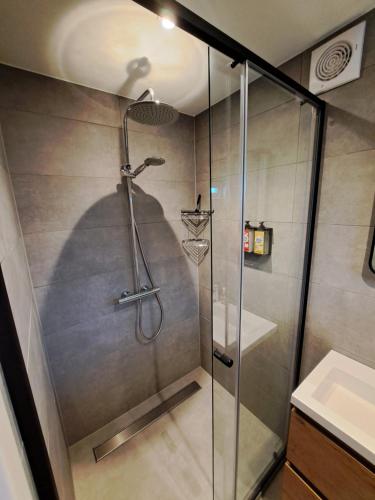 BergambachtB&B De Oase的浴室里设有玻璃门淋浴
