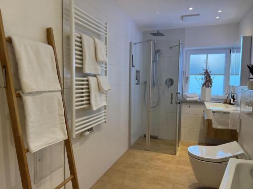 基姆湖畔普林STAYBEST Apartment König Ludwig的带淋浴、卫生间和盥洗盆的浴室