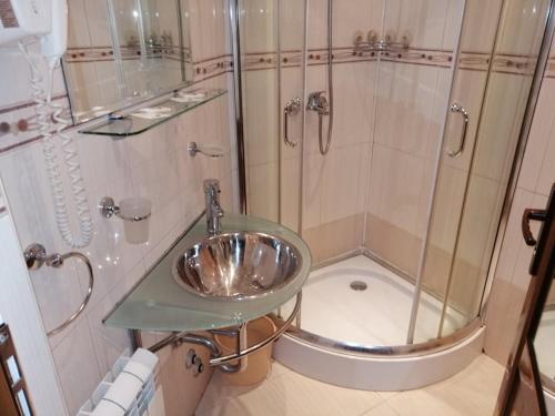 旧扎戈拉ХОТЕЛ ОМЕГА的一间带水槽和淋浴的浴室