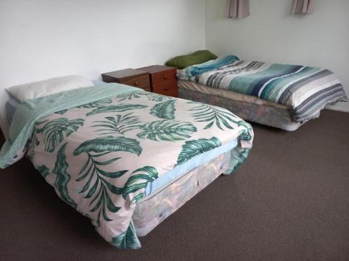 陶朗加Mount House的两张单人床,位于带立体关节炎性关节炎性关节炎性关节炎性关节炎的房间