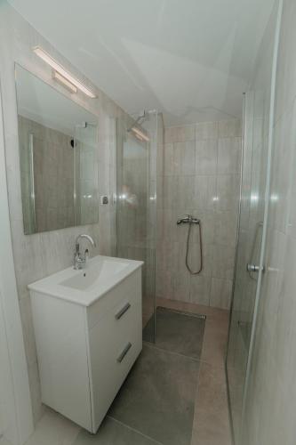 库兹尼卡DOMEK MIEDZY MORZAMI的浴室配有白色水槽和淋浴。