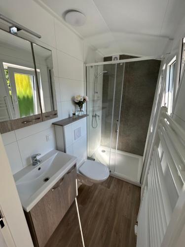 佩滕Breezy Beach Chalet的浴室配有卫生间、盥洗盆和淋浴。