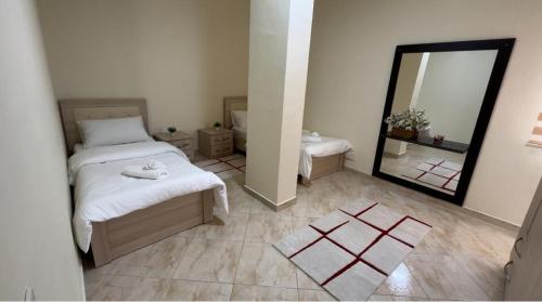 地拉那Villa Apartments S&F City Centre的一间卧室设有两张床和大镜子