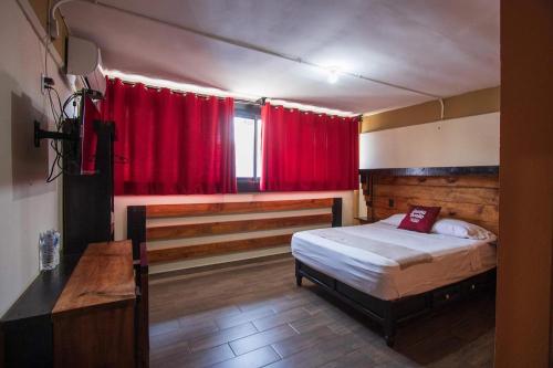 科尔多瓦Casa Bonita Hotel y Hostal的一间卧室配有床和红色窗帘