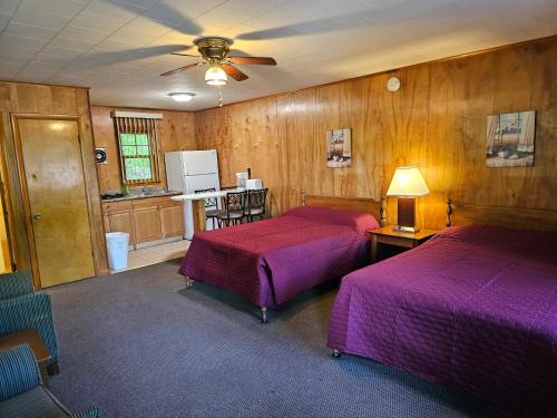 乔治湖金鹰山林小屋的一间卧室配有两张床和吊扇