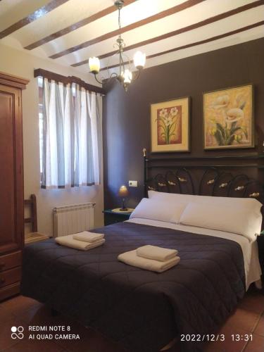 里奥帕尔CASAS RURALES EMILIO的一间卧室配有一张大床和两条毛巾