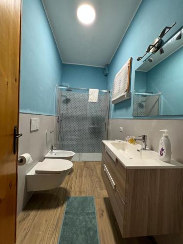 佩斯科勒海滨casa in spiaggia的浴室配有卫生间、盥洗盆和淋浴。