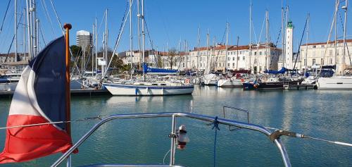 拉罗谢尔Nuits au Port - Grand voilier à quai au vieux port的船上有一艘船停靠在港口,有许多船
