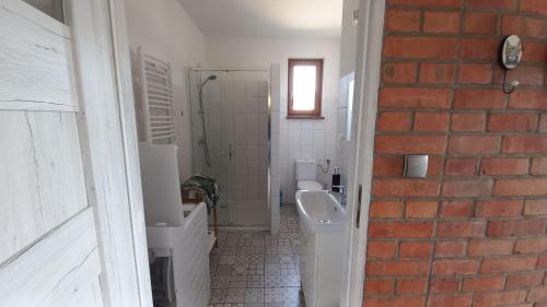 奥斯特罗沃Apartamenty Pod Lasem的浴室设有2个卫生间、水槽和淋浴。