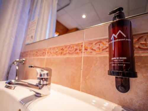 普拉德埃米塔Hotel Romànic的浴室水槽墙上的一瓶水