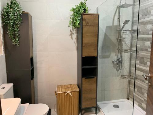 比尔泽布贾Caris Gem的带淋浴的浴室以及带两株植物的卫生间。