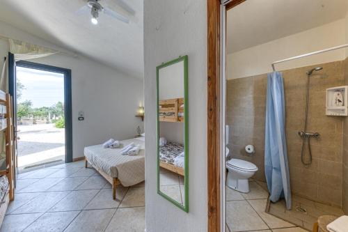 迪索Eliados - Bungalow 1的一间带一张床、淋浴和卫生间的浴室
