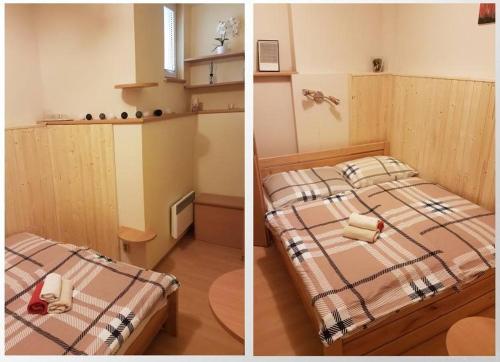 多纳瓦利Apartmán Tatran Donovaly的一张卧室的两张照片,卧室里有一张床