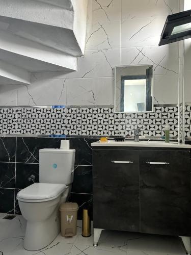 埃内兹Duplex Villa With Garden的一间带卫生间、水槽和镜子的浴室