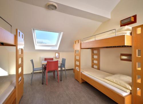Lultzhausen鲁兹豪森青年旅馆的客房设有双层床和桌椅。