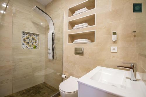阿利坎特Art Apartments Alicante的浴室配有卫生间、盥洗盆和淋浴。