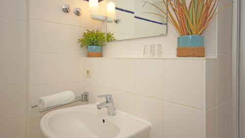 洛布F-1010 Strandhaus Mönchgut Bed&Breakfast DZ 37 strandnah, inkl Frühstück的浴室设有水槽、镜子和植物