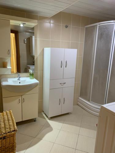 安塔利亚Antalya Guest Home的带淋浴、水槽和冰箱的浴室